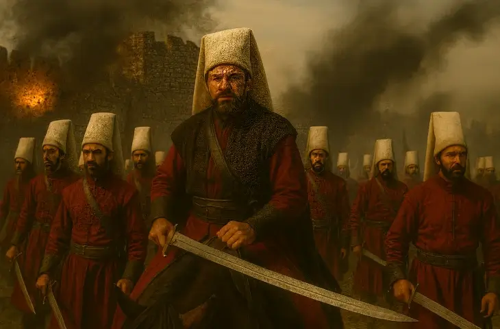 Yeniçerilerin son hücum için surlara doğru ilerlediği İstanbul’un Fethi sahnesi.